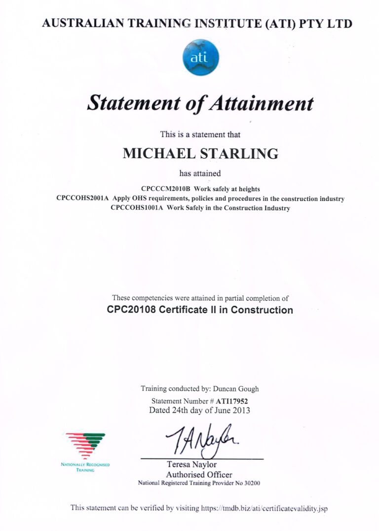 Australian Training Institute certificate