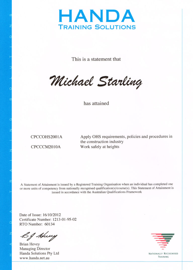 Handa Training Solutions Certificate