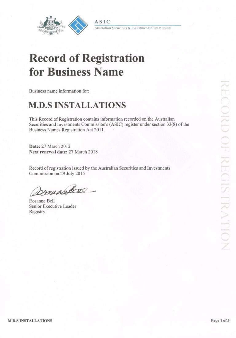 Record of Registration for Business Name certificate for MDS Installations