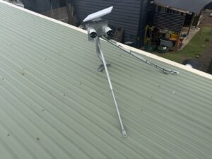 Starlink Mini and two CCTV cameras on a braced roof mount in Triabunna, Tasmania